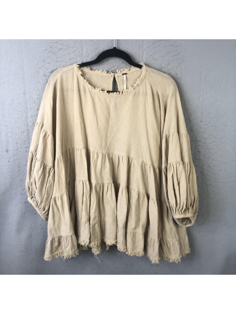 Free People Tunic Top Womens M Beige Frayed Hem Balloon Sleeve Boho Peasant